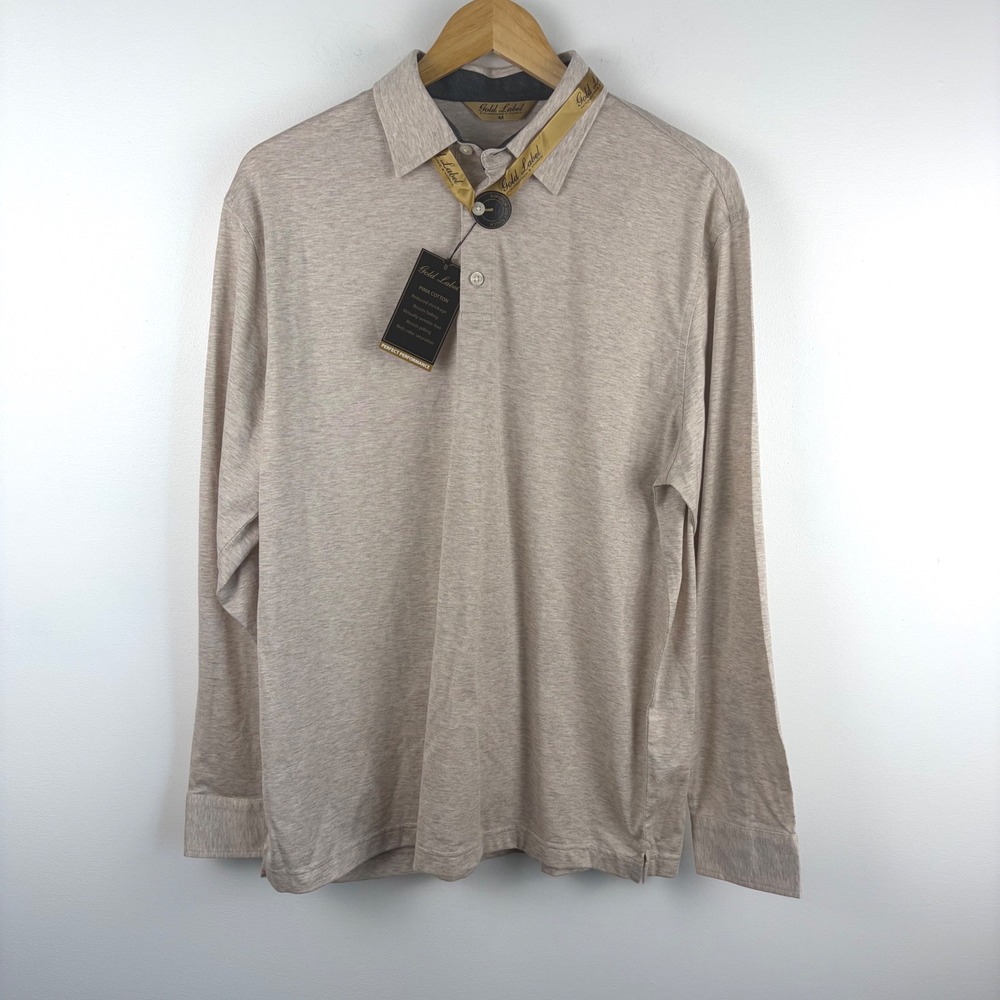 Gold Label Roundtree & Yorke Mens Pima Cotton Long Sleeve Polo Shirt Tan Medium